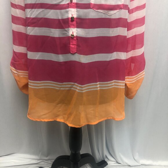 Apt 9 Blouse Womens Sz Medium Sheer Pink Orange Stripe Roll Tab Long Sleeve Top - Picture 3 of 7